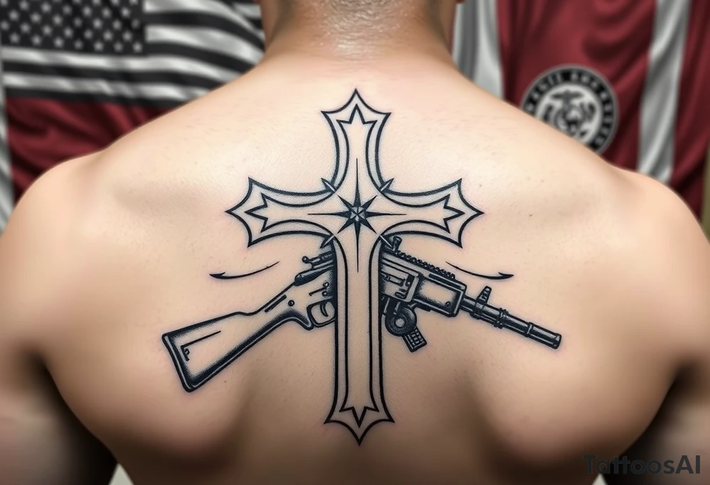 realistic Battlefield Memorial Cross Rifle, with Navy and marine corps flags in the background tattoo idea