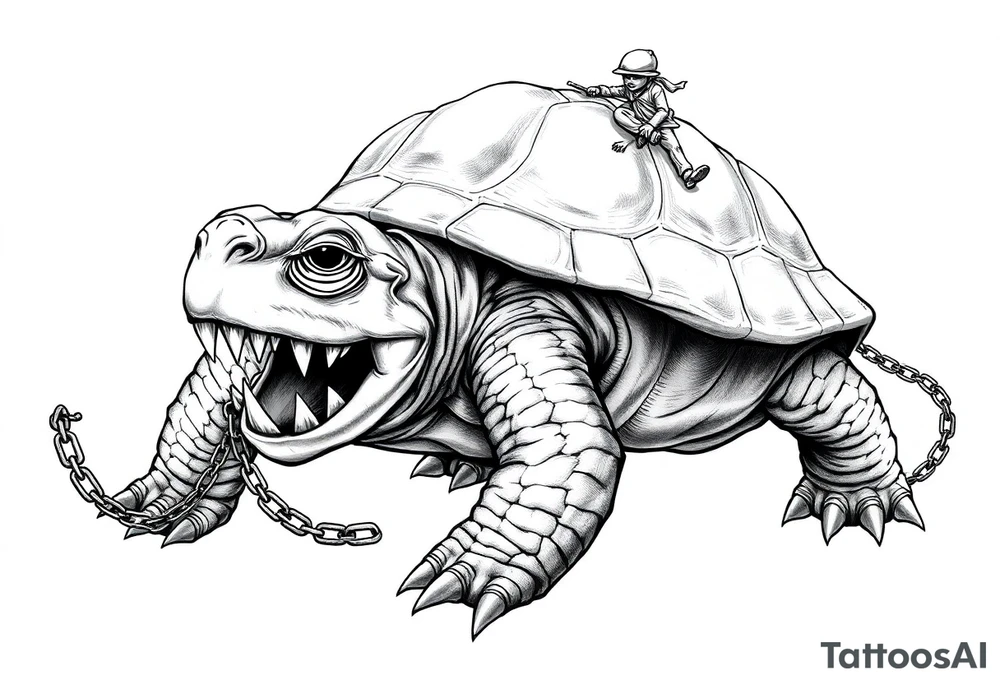 slaves on a chain leash and chains on the back legs of an angry turtle with huge teeth with a little man riding on his back tattoo idea