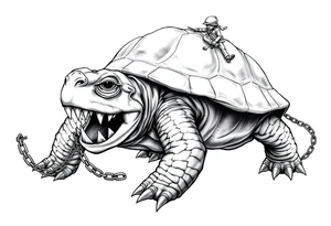 slaves on a chain leash and chains on the back legs of an angry turtle with huge teeth with a little man riding on his back tattoo idea