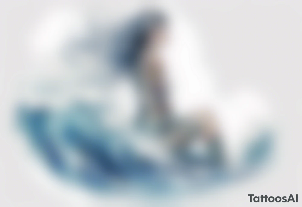 a tall see-through woman covered with water, sitting upon a wave tattoo idea