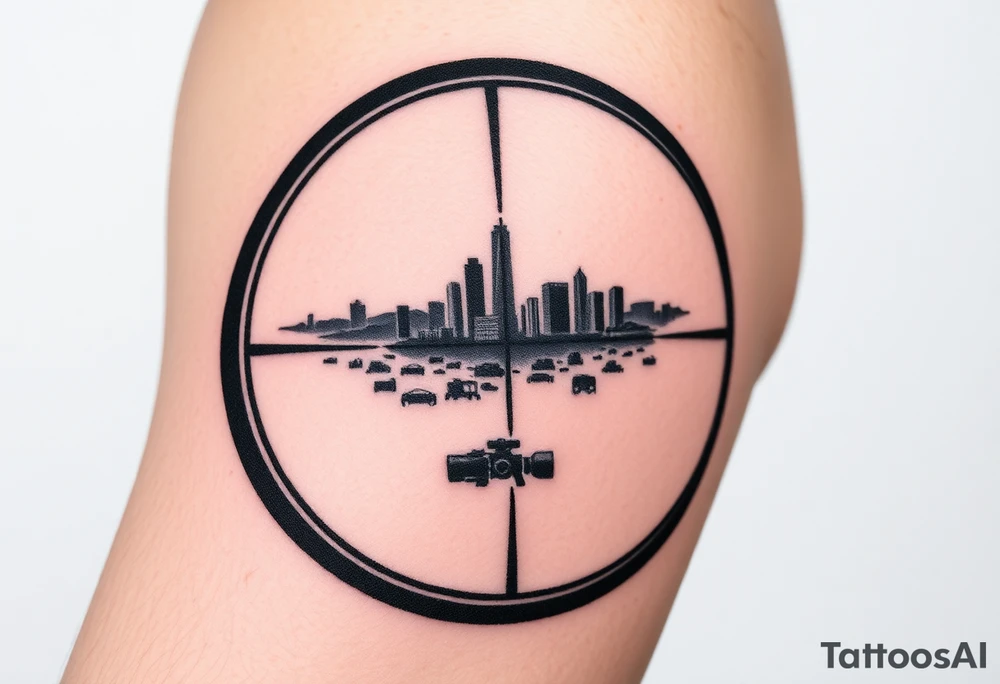 scope crosshairs with eerie Los Angeles city horizon in background tattoo idea