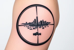 scope crosshairs with eerie Los Angeles city horizon in background tattoo idea
