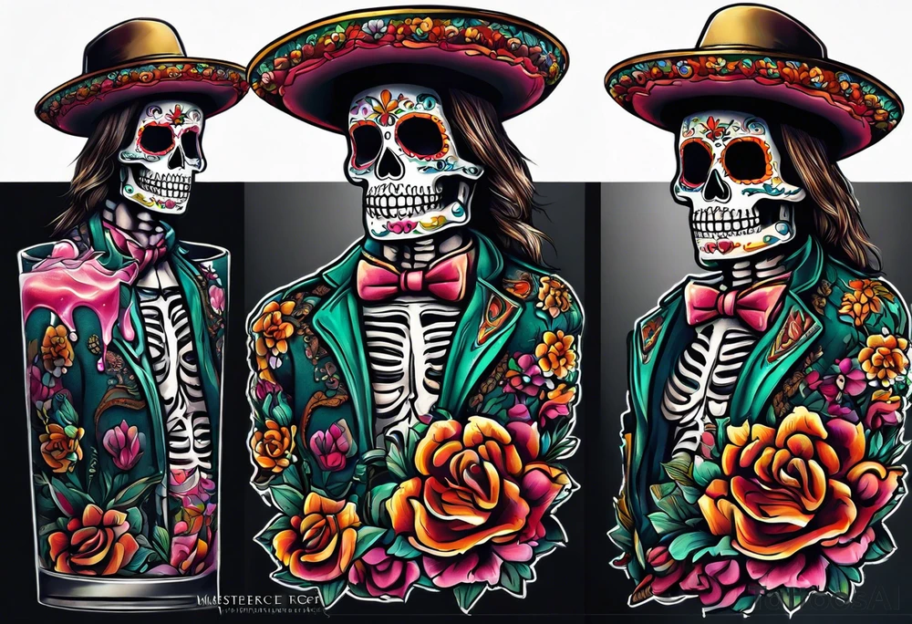 Mexico day of dead  man standing
 skeleton drink tattoo idea