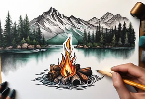 Small campfire in the center, right side: an evergreen tall tree, left side: mountain stream tattoo idea