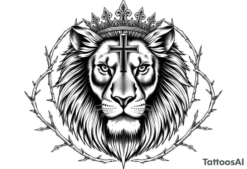 Large upper back tattoo design, centered and symmetrical.
A powerful, majestic male lion facing forward with an intense, calm gaze, ultra-detailed black and grey realism, highly defined mane and facial features.
The lion wears a royal ornamental crown resting naturally on its head.
A Christian cross embedded into the design, perfectly centered behind the lion’s head and mane, partially hidden and integrated, with only the outer edges and tips of the cross visible, as if the lion is emerging from it.
The cross is structural and symbolic, not floating, not overlapping in front of the lion.
Surrounding the lion are ornamental thorn elements only — sharp, elegant, symmetrical thorn vines wrapping around and framing the lion’s mane and shoulders.
NO flowers, NO leaves, NO birds, NO animals, NO skulls.
Strong contrast, bold clean linework, smooth shading, tattoo-ready, masculine, regal, spiritual, timeless design. tattoo idea