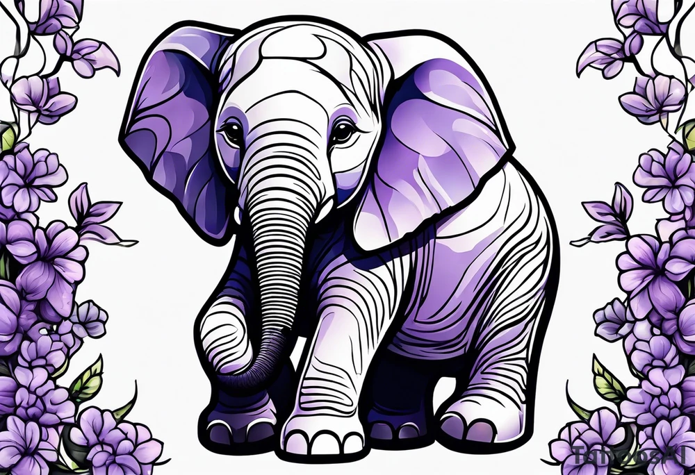 Baby elephant sitting with lilacs in its trunk tattoo idea