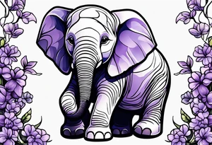 Baby elephant sitting with lilacs in its trunk tattoo idea
