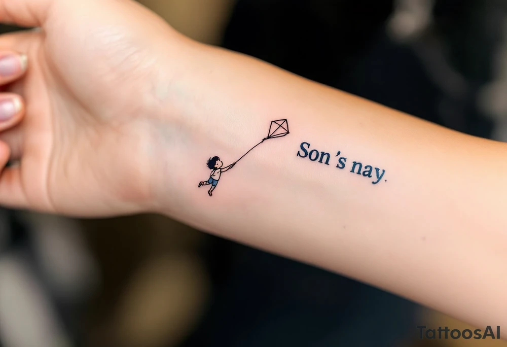 A line-art drawing of a child flying a kite, with the kite string forming the son’s name in dark navy ink. tattoo idea