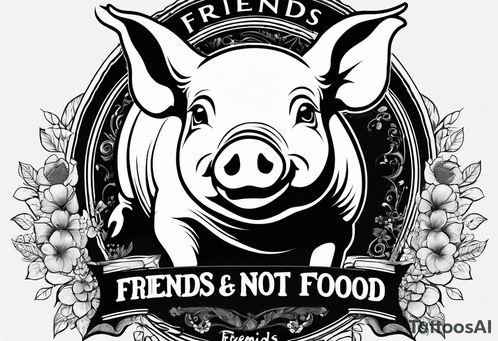 cute pig or piglet.
with text: "friends not food" 

only very thin lines. no shading. black and white only. simple outline only tattoo idea