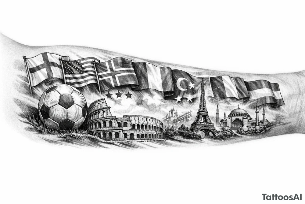 Football related my own journey England USA Iceland Italy Spain Turkey France Hungary flags inside forearm can u put 3 stars under iceland , 2 under turkey and italy tattoo idea