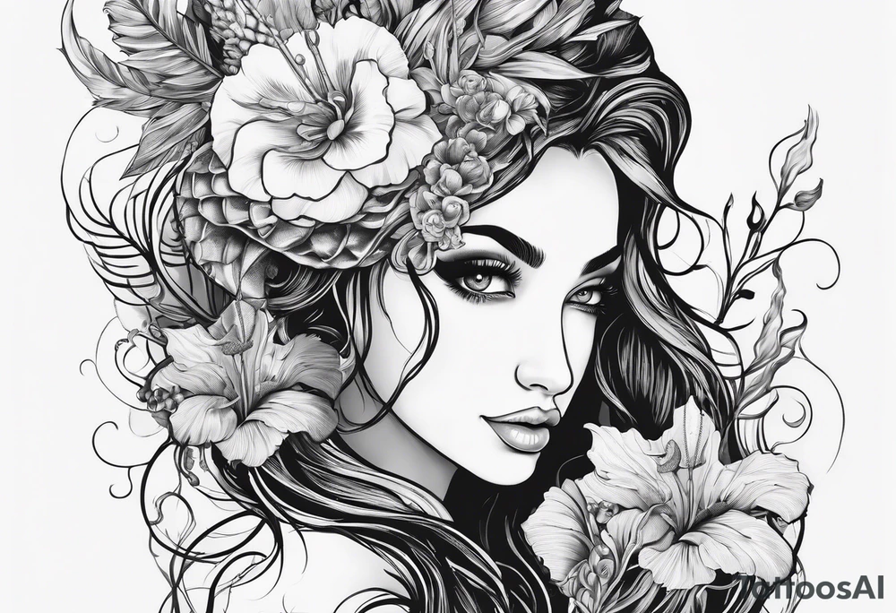 Mermaid face and half body looking at seahorse both on side profile. Trident near hair, horns coming from head. Flowers and reeds, tattoos on skin, big lips and eyes tattoo idea
