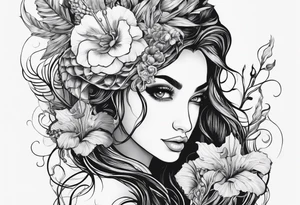 Mermaid face and half body looking at seahorse both on side profile. Trident near hair, horns coming from head. Flowers and reeds, tattoos on skin, big lips and eyes tattoo idea