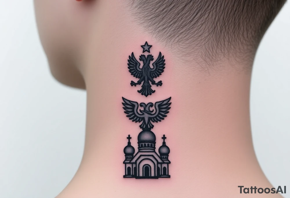 Stacked Vertical Column 

Russian star — small, bold
Middle: Miniature double-headed eagle — simplified, cleaner lines to suit the smaller space
Bottom: Orthodox church dome(s) with a small Virgin Mary silhouette beneath tattoo idea