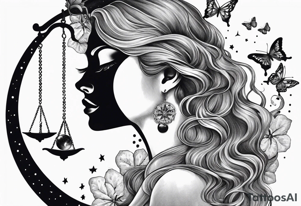 Beautiful woman with butterflies in her long wavy hair sitting on a half moon holding the libra scales with a moon and star background tattoo idea