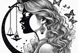 Beautiful woman with butterflies in her long wavy hair sitting on a half moon holding the libra scales with a moon and star background tattoo idea