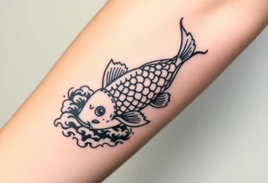traditional koi fish swimming upstream through turbulent waves tattoo idea