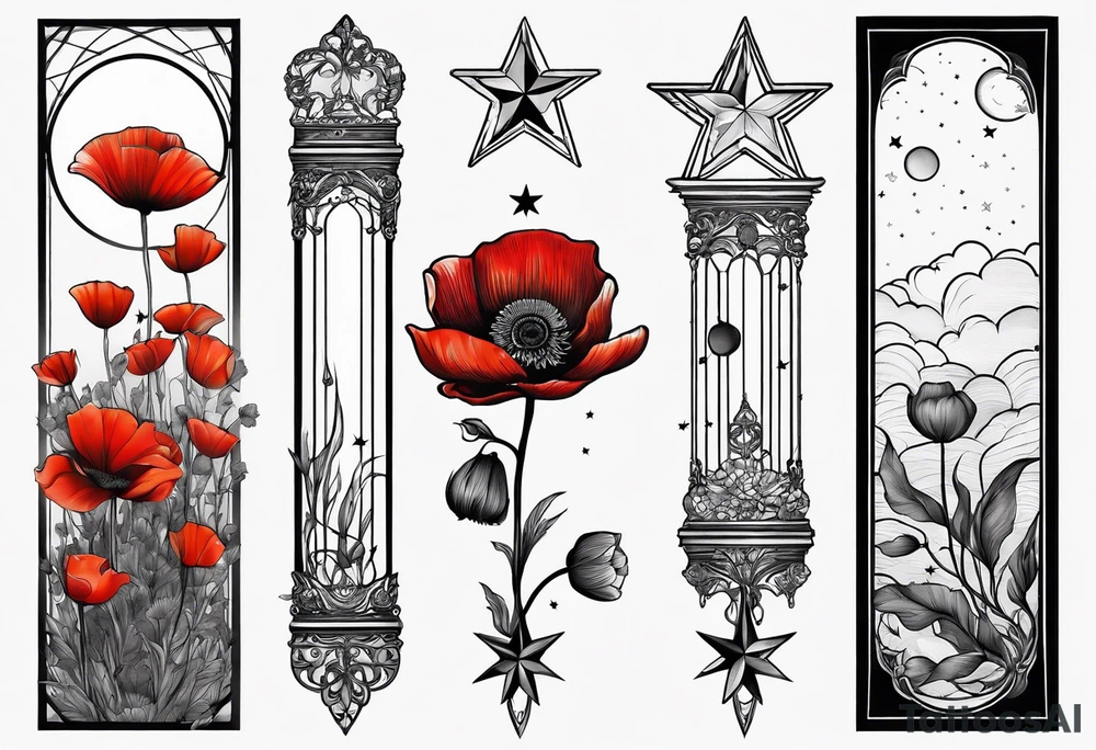 fine line vertical spine tattoo with stars, moon, clouds, poppy tattoo idea