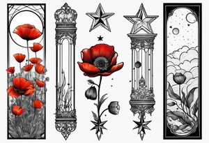 fine line vertical spine tattoo with stars, moon, clouds, poppy tattoo idea