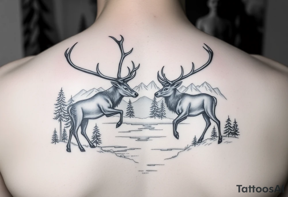 FOREARM tattoo Black and grey realism Nature scene with two stags fighting in the foreground include mountains water and trees tattoo idea