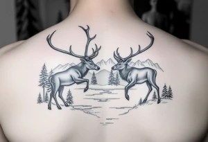 FOREARM tattoo Black and grey realism Nature scene with two stags fighting in the foreground include mountains water and trees tattoo idea