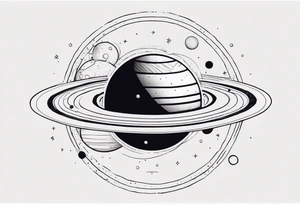 simple jupiter with circular objects and geometric elements, stippled shading, little bit of dotwork, white background tattoo idea