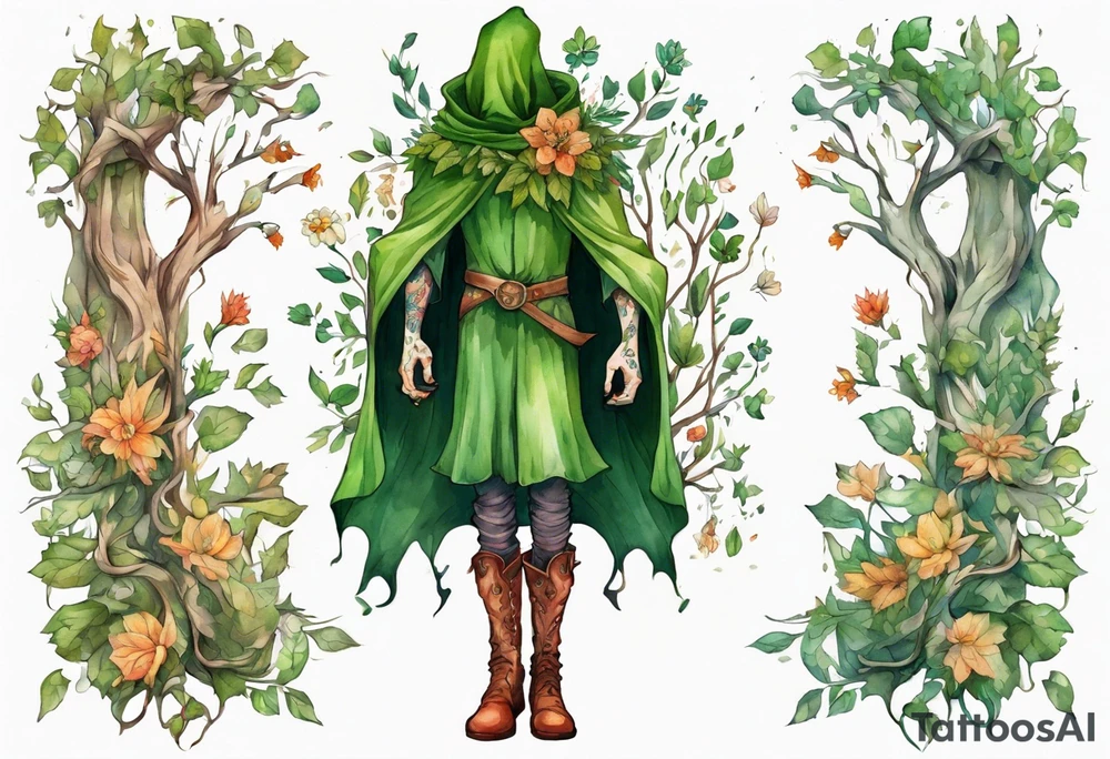A tall, beautiful tree-man hybrid with flower hair and a cloak made of leaves. Wearing floral medieval boots. Singing. tattoo idea
