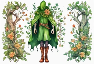 A tall, beautiful tree-man hybrid with flower hair and a cloak made of leaves. Wearing floral medieval boots. Singing. tattoo idea