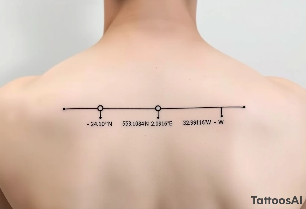 Style: minimalist fine-line  
Layout: horizontal timeline  
Elements:  
- 2 timeline dots  
- Coordinates: "24°10′N, 20°16′E" and "53.4084°N, 2.9916°W" under each dot  
- Small circle markers above each  
- Below line: Morse code — ● — ● ● — ● — ● — — — ● — ● ● ● ● — ● —  
No text. Abstract only. tattoo idea