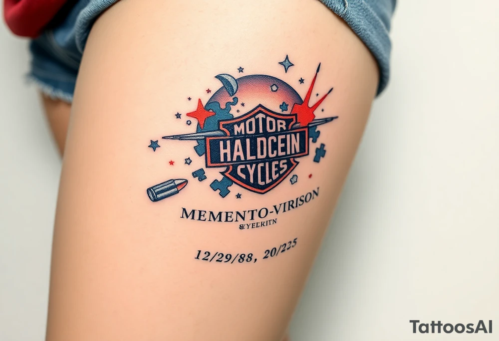 colorful futuristic memory tattoo for passed boyfriend;, star wars, space, Harley Davidson, skateboarding, puzzle pieces, video games, heaven, god, outdoors, 9mm bullet, words MEMENTO MORI & DARTH CARTER 12/29/88-01/06/2025 tattoo idea