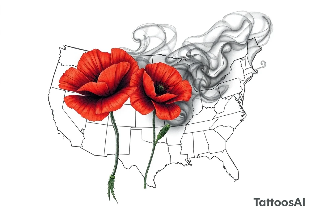 2 poppy’s growing out of the smoke with 11B in the background and layer this over a map of the USA tattoo idea