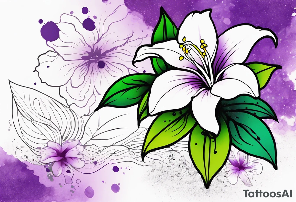 A mystical outline of a rio dipladenia flower and a green/purple watercolor splatter in the background tattoo idea