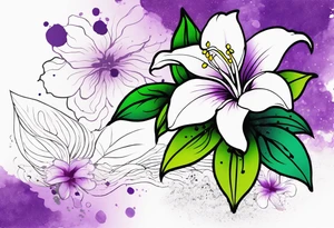 A mystical outline of a rio dipladenia flower and a green/purple watercolor splatter in the background tattoo idea