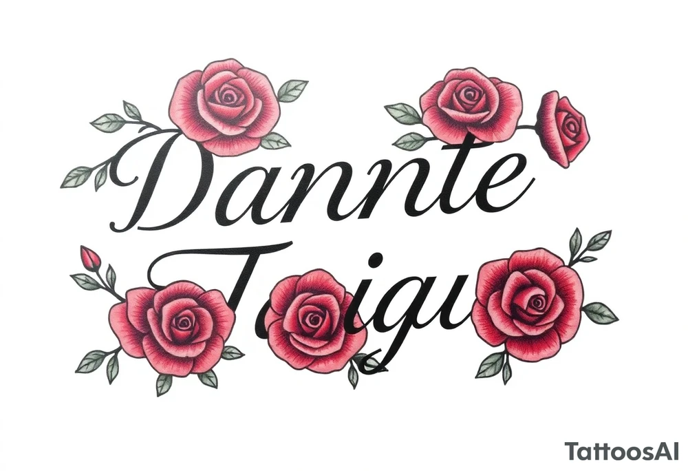 The names "Dante" and "Taiga" surrounded by roses tattoo idea