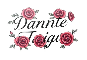 The names "Dante" and "Taiga" surrounded by roses tattoo idea