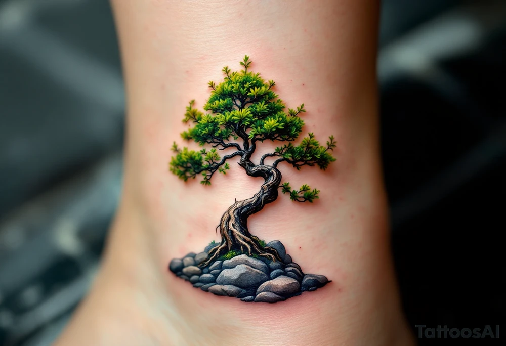 A green and black bonsai tree growing from a small rocky base, symbolizing harmony and patience. tattoo idea