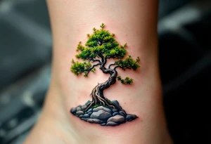 A green and black bonsai tree growing from a small rocky base, symbolizing harmony and patience. tattoo idea