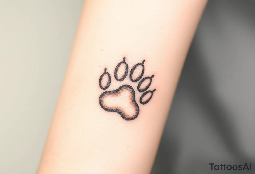 A detailed cat paw print with soft fur textures, using natural tones of cream, gray, and light brown and hearts within tattoo idea