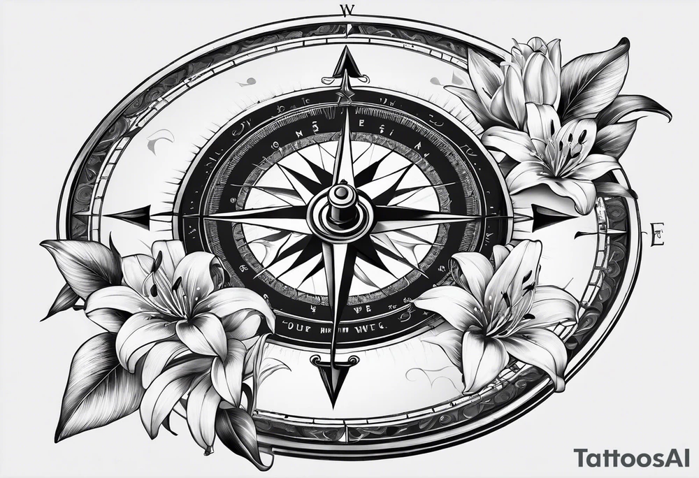 A Vintage compass with lily flower. tattoo idea