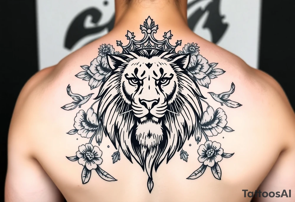 powerful majestic lion with a crown, surrounded by floral ornaments and birds tattoo idea