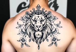 powerful majestic lion with a crown, surrounded by floral ornaments and birds tattoo idea