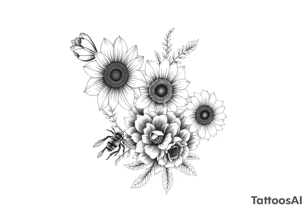 Create a design full sleeve arm tattoo with Tulip 
Sunflower ,Roses ,Bee ,Water,Fire ,Earth,Wind,Phoenix,Evil eye ,888 tattoo idea