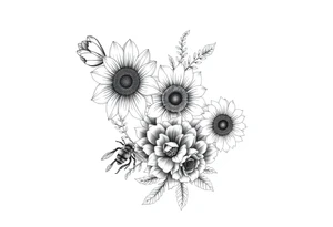 Create a design full sleeve arm tattoo with Tulip 
Sunflower ,Roses ,Bee ,Water,Fire ,Earth,Wind,Phoenix,Evil eye ,888 tattoo idea