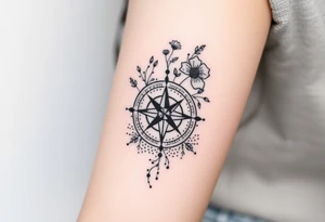 Abstract Compass with wild flowers flowing above and below the compass tattoo idea