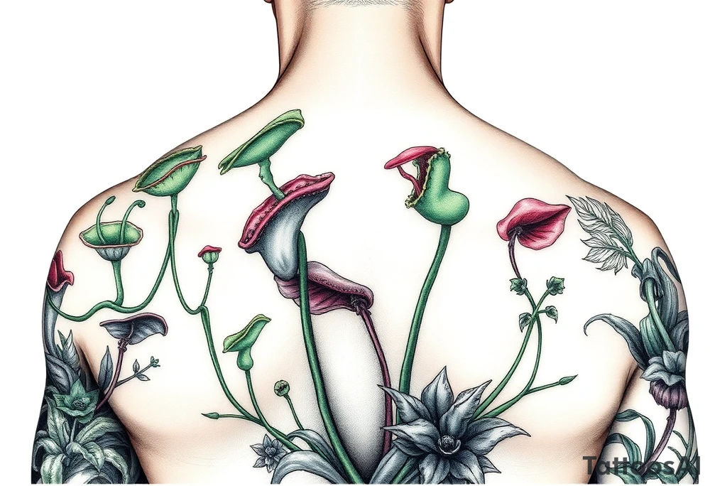 carnivorous plants neck, chest, back, and arm sleeves
I want these spots covered in these plants, ranging from venus fly traps to others tattoo idea
