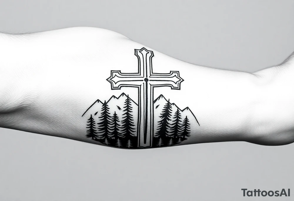 russian christian orthodox cross which is relatively small, with the diagonal line at the bottom with a light forrest with a light mountainous setting tattoo idea