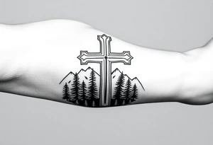 russian christian orthodox cross which is relatively small, with the diagonal line at the bottom with a light forrest with a light mountainous setting tattoo idea