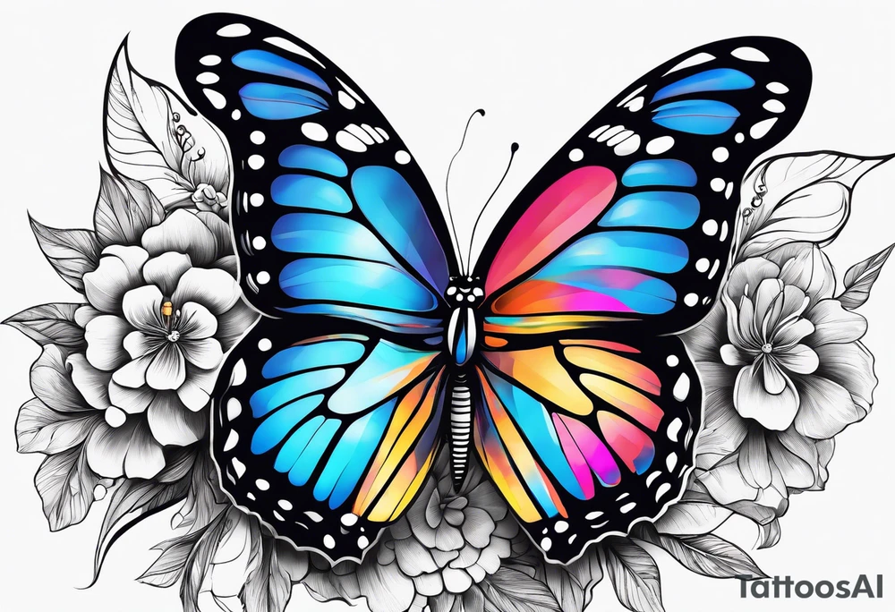 A vibrant butterfly with colorful wings, resting on a flower, showcasing transformation and beauty.” tattoo idea