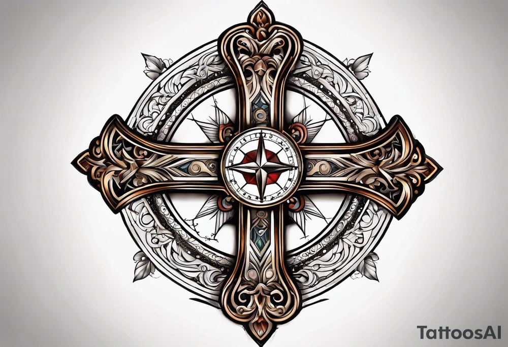 A simple cross with a smaller compass in the middle tattoo idea