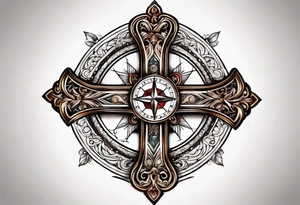 A simple cross with a smaller compass in the middle tattoo idea