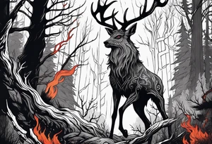 A spooky dead lore accurate wendigo surrounded by a forest fire in background tattoo idea